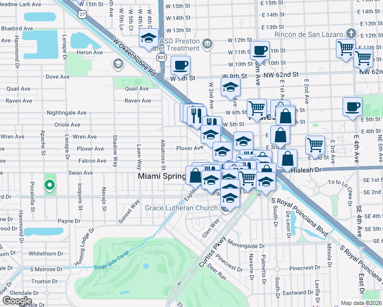 map of restaurants, bars, coffee shops, grocery stores, and more near 535 Cardinal St in Miami Springs