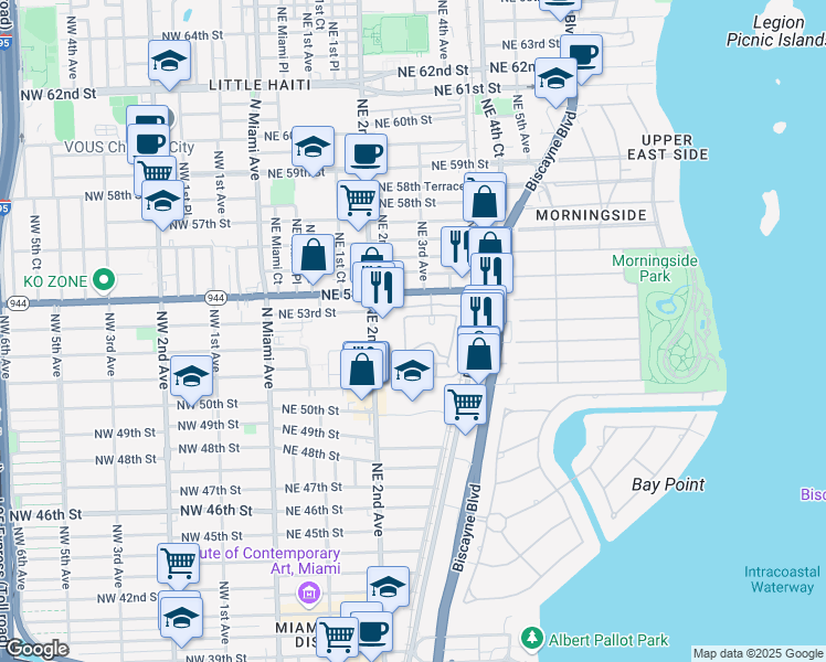 map of restaurants, bars, coffee shops, grocery stores, and more near 5275 Northeast 2nd Court in Miami