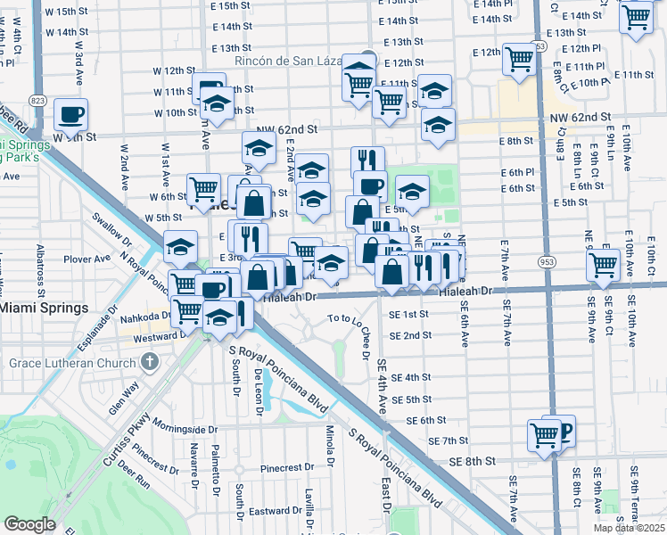 map of restaurants, bars, coffee shops, grocery stores, and more near 104 East 3rd Avenue in Hialeah