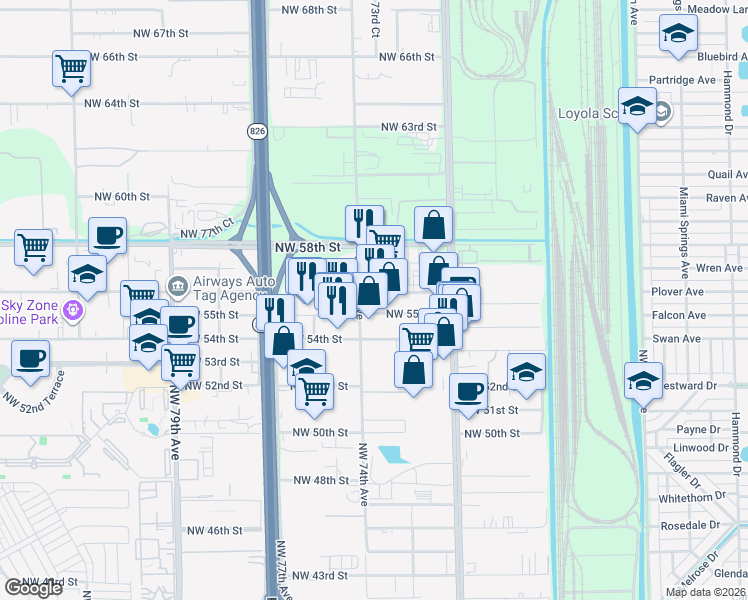 map of restaurants, bars, coffee shops, grocery stores, and more near 5575 Northwest 74th Avenue in Miami