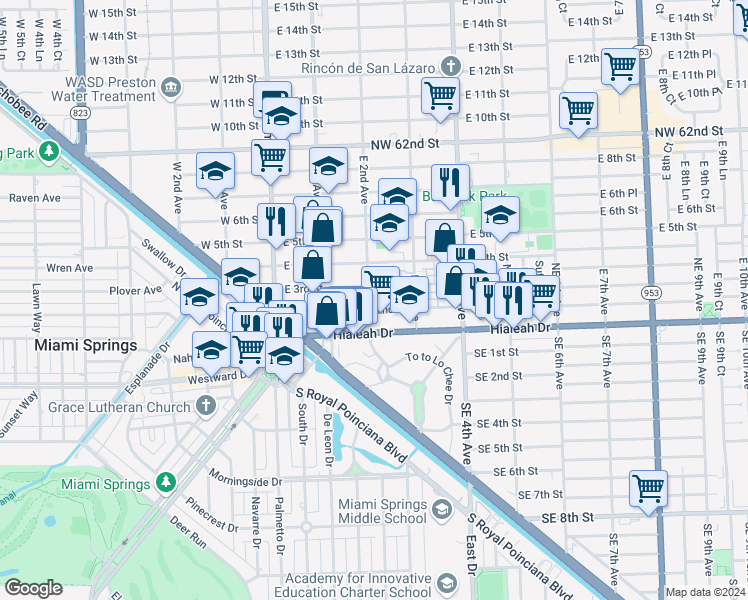 map of restaurants, bars, coffee shops, grocery stores, and more near 221 East 2nd Avenue in Hialeah