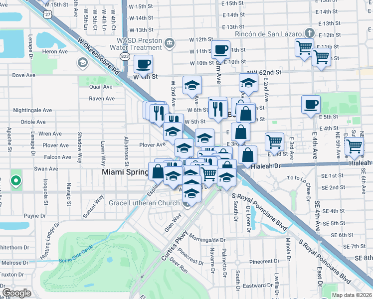 map of restaurants, bars, coffee shops, grocery stores, and more near 71 Market Street in Miami Springs