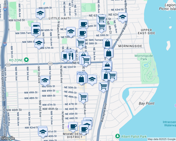 map of restaurants, bars, coffee shops, grocery stores, and more near 5297 Northeast 2nd Avenue in Miami