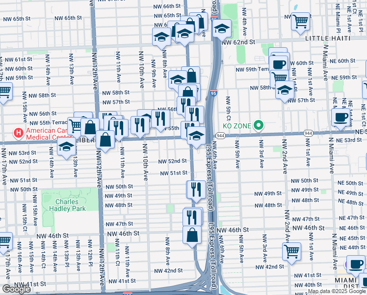 map of restaurants, bars, coffee shops, grocery stores, and more near 785 Northwest 53rd Street in Miami