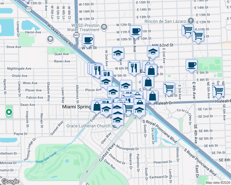 map of restaurants, bars, coffee shops, grocery stores, and more near 71 Market Street in Miami Springs