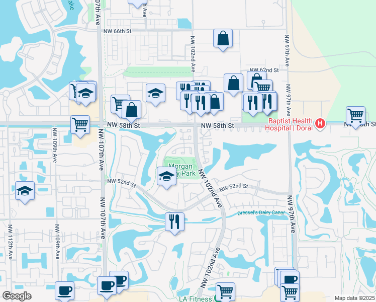 map of restaurants, bars, coffee shops, grocery stores, and more near in Doral