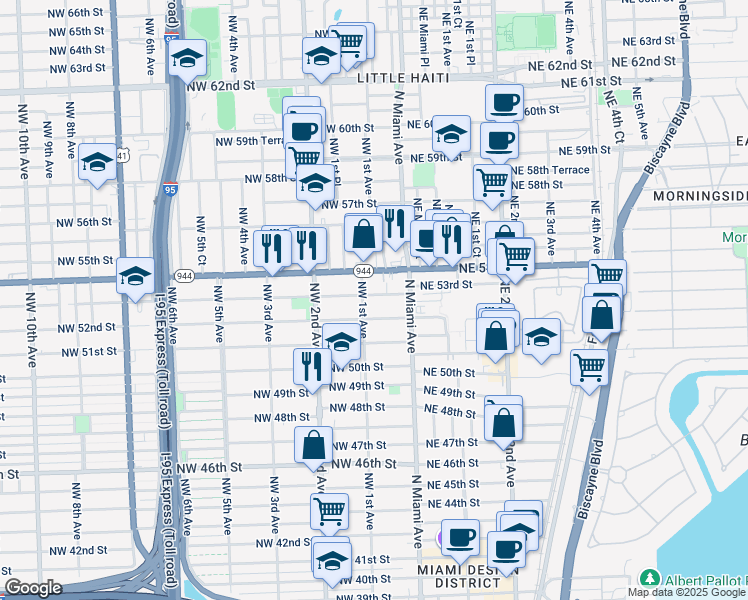 map of restaurants, bars, coffee shops, grocery stores, and more near 76 Northwest 53rd Street in Miami