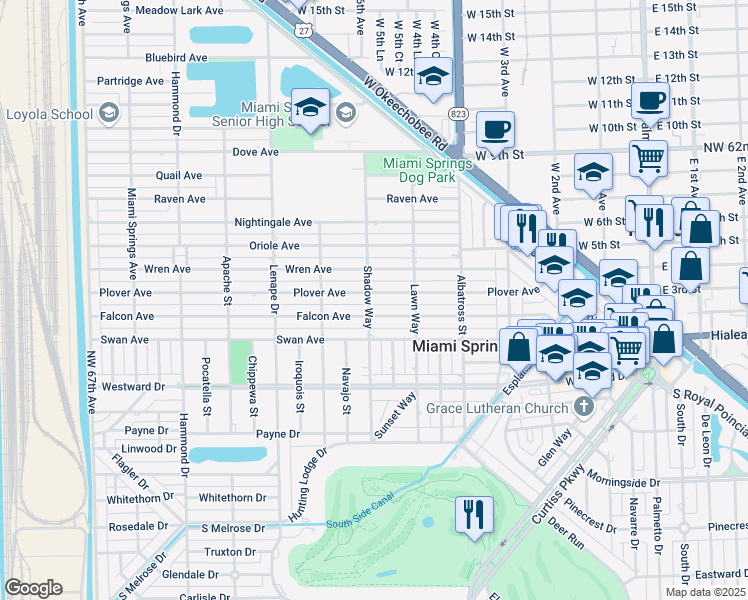 map of restaurants, bars, coffee shops, grocery stores, and more near 670 Plover Avenue in Miami Springs