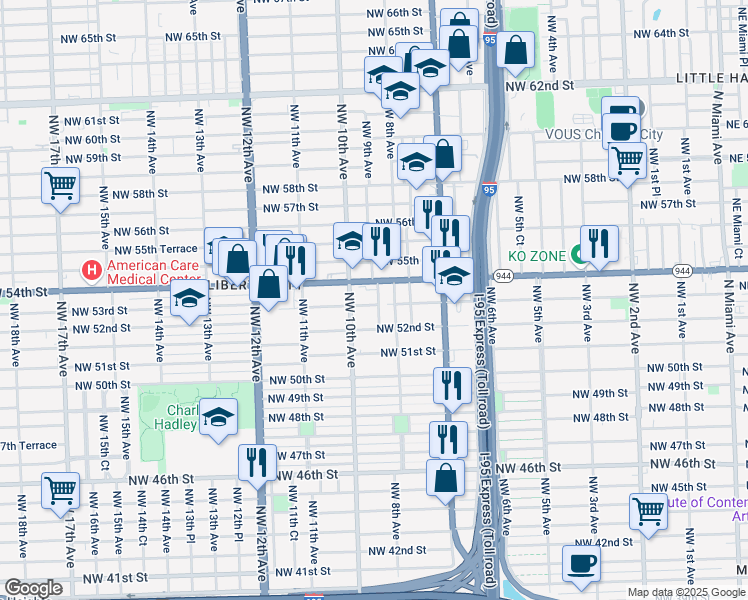 map of restaurants, bars, coffee shops, grocery stores, and more near 901 Northwest 53rd Street in Miami