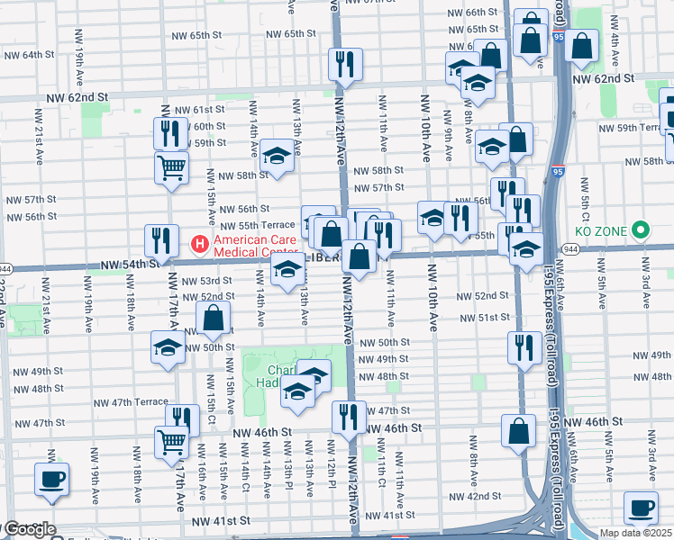 map of restaurants, bars, coffee shops, grocery stores, and more near 1221 Northwest 53rd Street in Miami