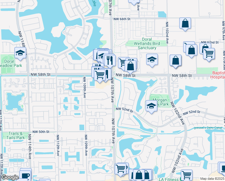 map of restaurants, bars, coffee shops, grocery stores, and more near 5402 Northwest 107th Avenue in Doral