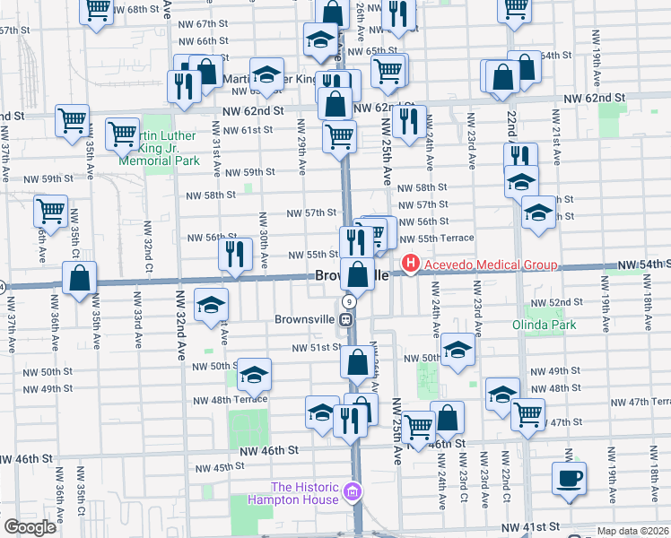 map of restaurants, bars, coffee shops, grocery stores, and more near in Brownsville
