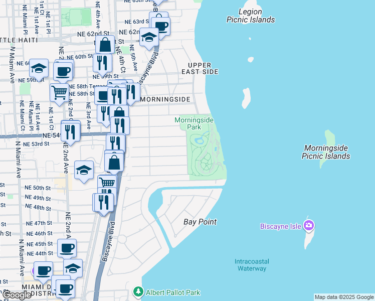 map of restaurants, bars, coffee shops, grocery stores, and more near 5215 Northeast 7th Avenue in Miami