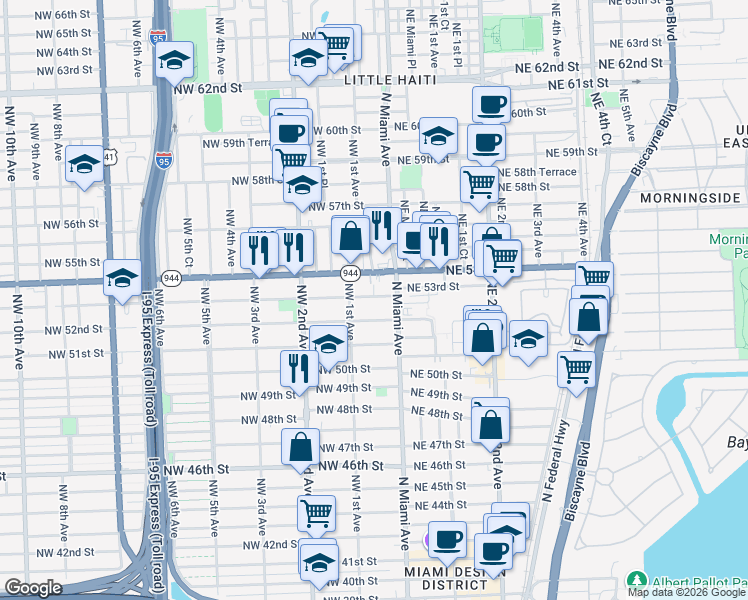 map of restaurants, bars, coffee shops, grocery stores, and more near 76 Northwest 53rd Street in Miami