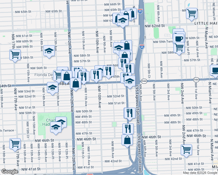 map of restaurants, bars, coffee shops, grocery stores, and more near 901 Northwest 53rd Street in Miami