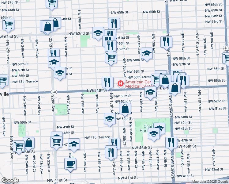 map of restaurants, bars, coffee shops, grocery stores, and more near 5315 Northwest 17th Avenue in Miami