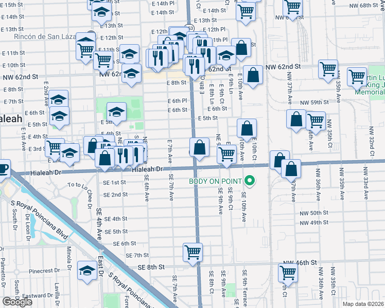 map of restaurants, bars, coffee shops, grocery stores, and more near 119 East 8th Avenue in Hialeah