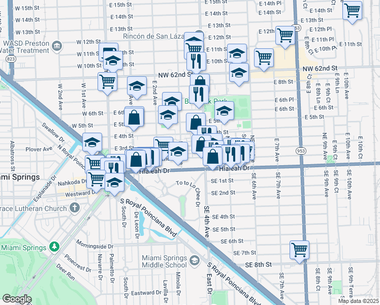 map of restaurants, bars, coffee shops, grocery stores, and more near 368 East 2nd Street in Hialeah