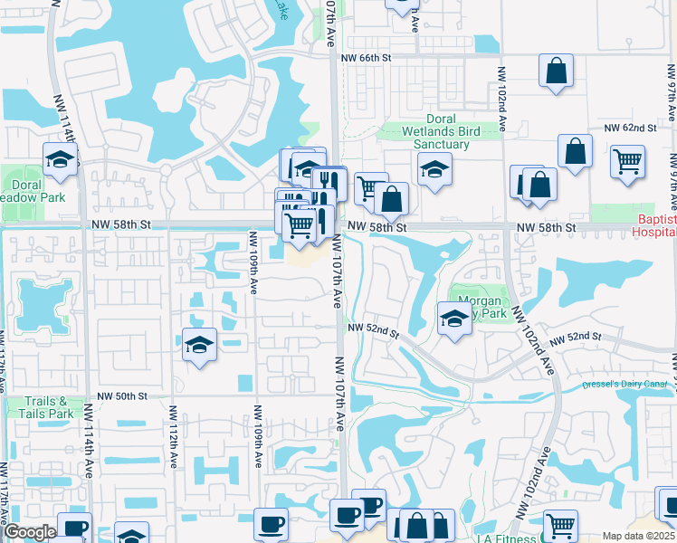 map of restaurants, bars, coffee shops, grocery stores, and more near 5402 Northwest 107th Avenue in Doral