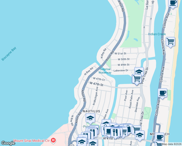 map of restaurants, bars, coffee shops, grocery stores, and more near 4740 Florida 907 in Miami Beach