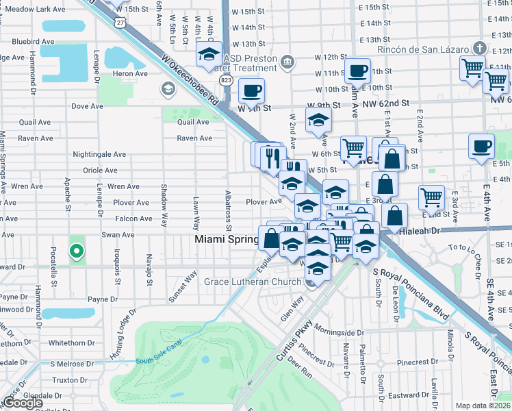 map of restaurants, bars, coffee shops, grocery stores, and more near 535 Cardinal Street in Miami Springs