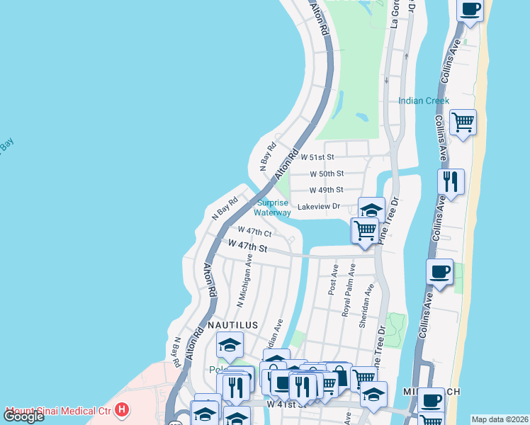 map of restaurants, bars, coffee shops, grocery stores, and more near 960 West 48th Street in Miami Beach