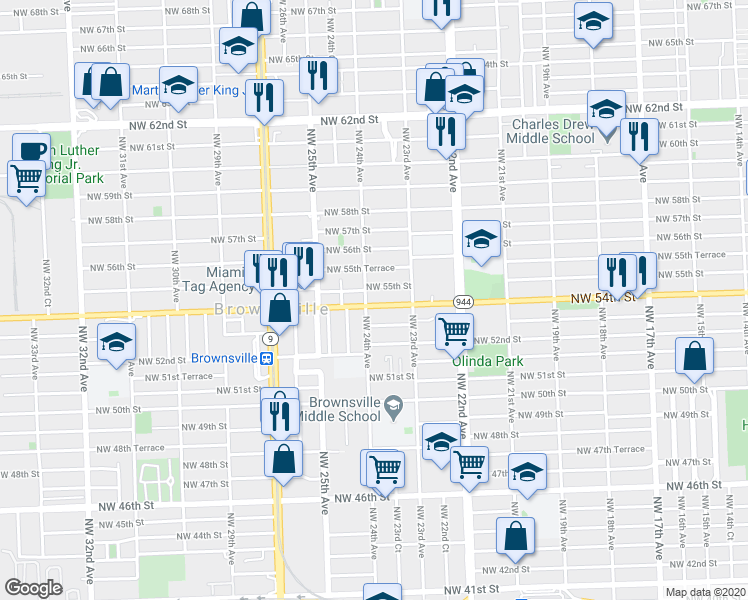 map of restaurants, bars, coffee shops, grocery stores, and more near in Brownsville
