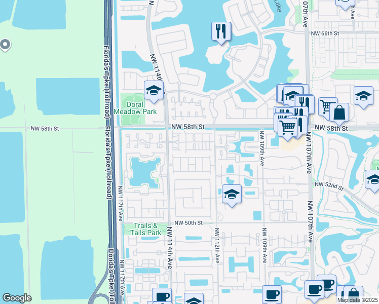 map of restaurants, bars, coffee shops, grocery stores, and more near 11313 Northwest 55th Lane in Doral