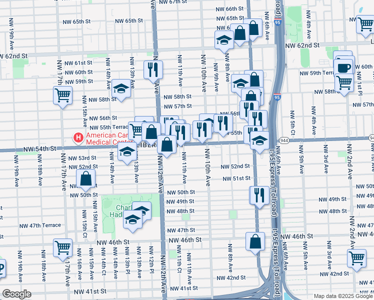 map of restaurants, bars, coffee shops, grocery stores, and more near 5301 Northwest 11th Avenue in Miami