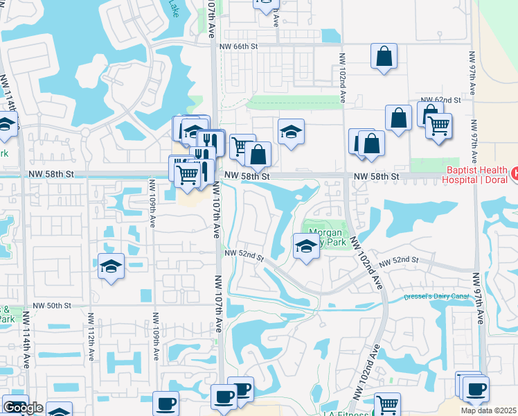 map of restaurants, bars, coffee shops, grocery stores, and more near 5558 Northwest 105th Court in Doral