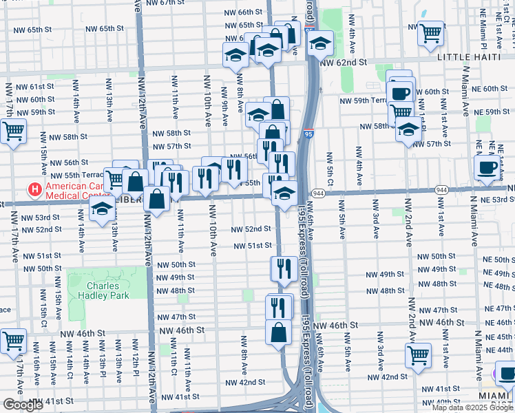 map of restaurants, bars, coffee shops, grocery stores, and more near 785 Northwest 53rd Street in Miami