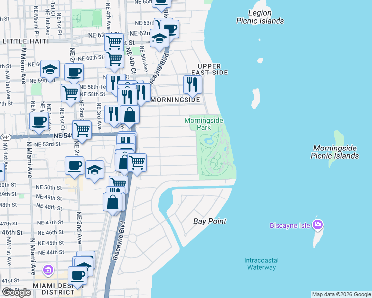 map of restaurants, bars, coffee shops, grocery stores, and more near 665 Northeast 52nd Street in Miami