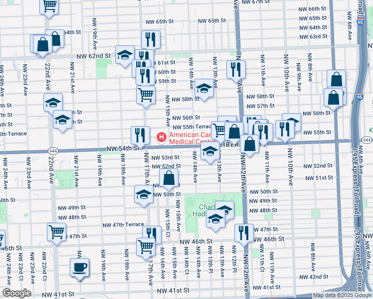 map of restaurants, bars, coffee shops, grocery stores, and more near 1455 Northwest 53rd Street in Miami