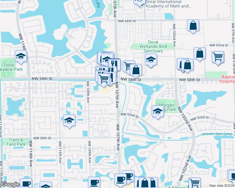 map of restaurants, bars, coffee shops, grocery stores, and more near 5402 Northwest 107th Avenue in Doral