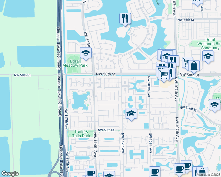 map of restaurants, bars, coffee shops, grocery stores, and more near 11241 Northwest 55th Lane in Doral