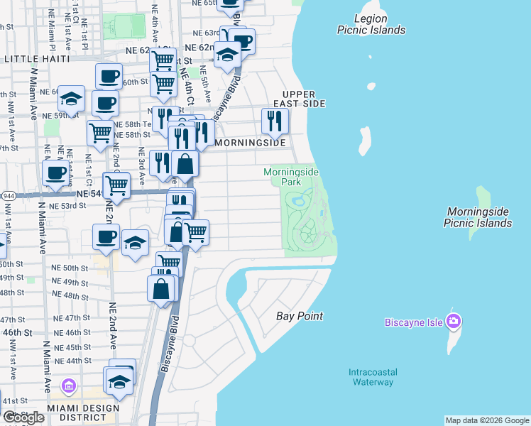 map of restaurants, bars, coffee shops, grocery stores, and more near 665 Northeast 52nd Street in Miami