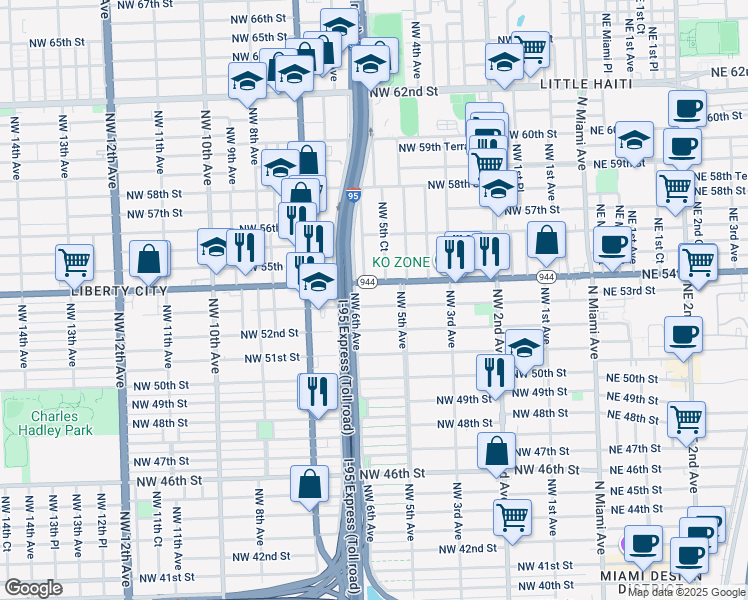 map of restaurants, bars, coffee shops, grocery stores, and more near 530 Northwest 53rd Street in Miami