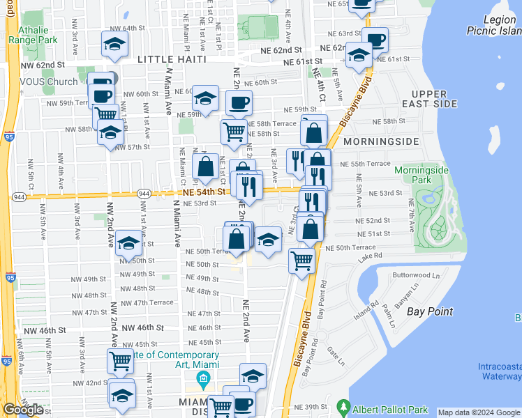 map of restaurants, bars, coffee shops, grocery stores, and more near 5275 Northeast 2nd Court in Miami