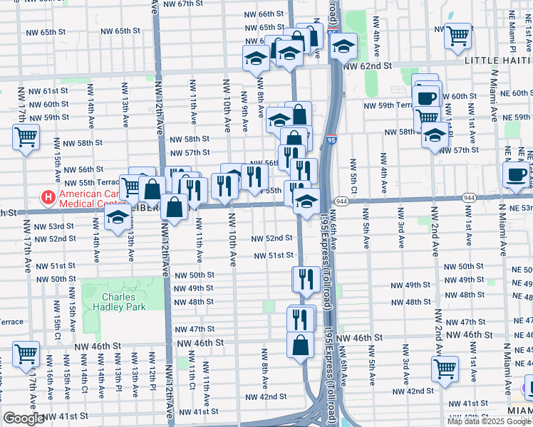 map of restaurants, bars, coffee shops, grocery stores, and more near 785 Northwest 53rd Street in Miami