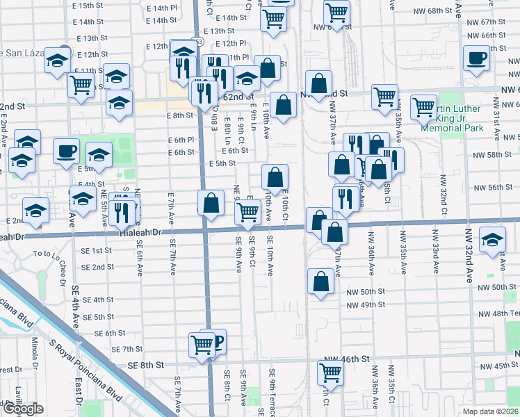 map of restaurants, bars, coffee shops, grocery stores, and more near 65 East 9th Court in Hialeah