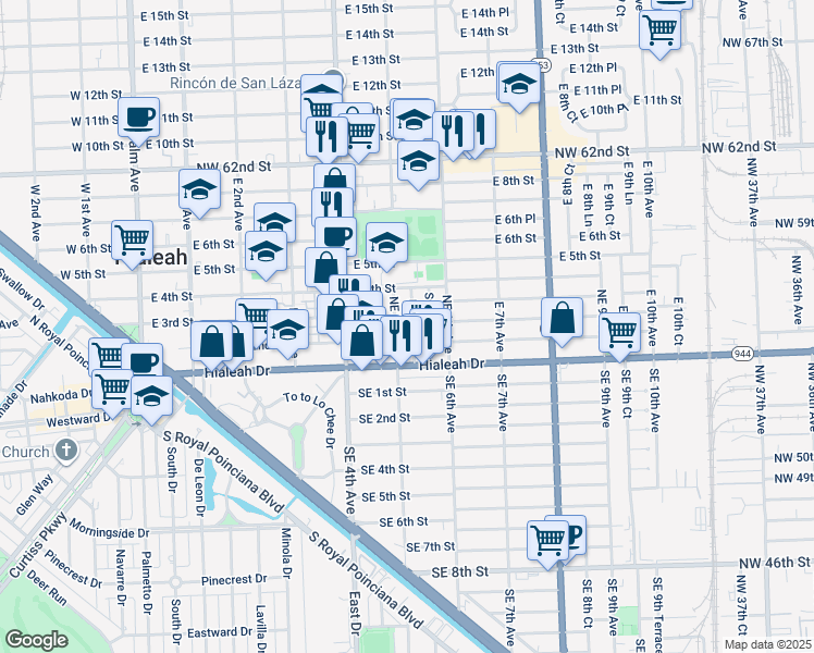 map of restaurants, bars, coffee shops, grocery stores, and more near 26-28 Essex Avenue in Hialeah