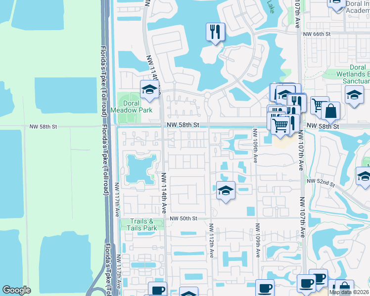 map of restaurants, bars, coffee shops, grocery stores, and more near 11313 Northwest 55th Lane in Doral