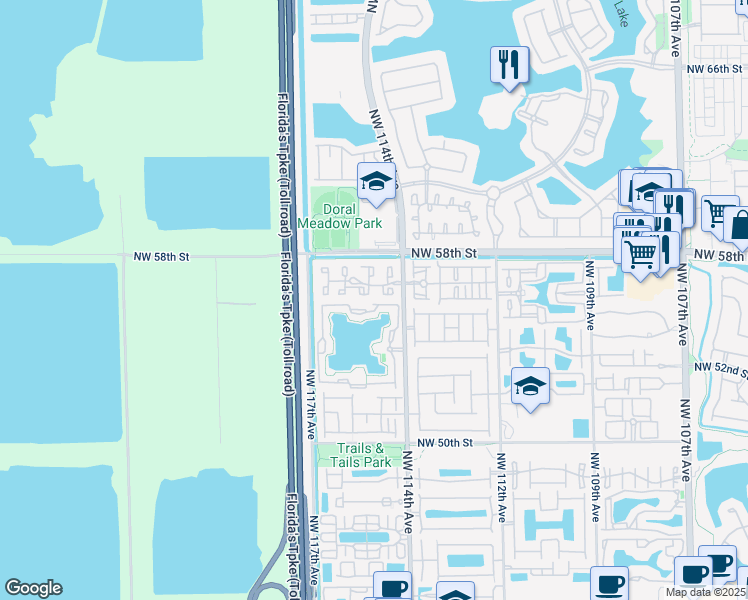 map of restaurants, bars, coffee shops, grocery stores, and more near 5524 Northwest 114th Avenue in Doral