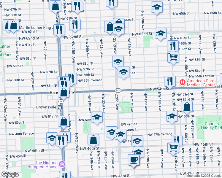 map of restaurants, bars, coffee shops, grocery stores, and more near 2211 Northwest 54th Street in Miami