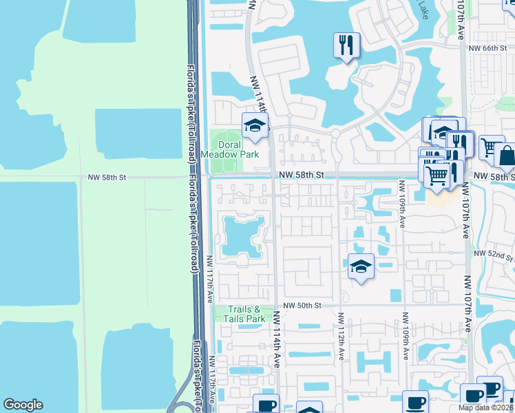 map of restaurants, bars, coffee shops, grocery stores, and more near 5524 Northwest 114th Avenue in Doral
