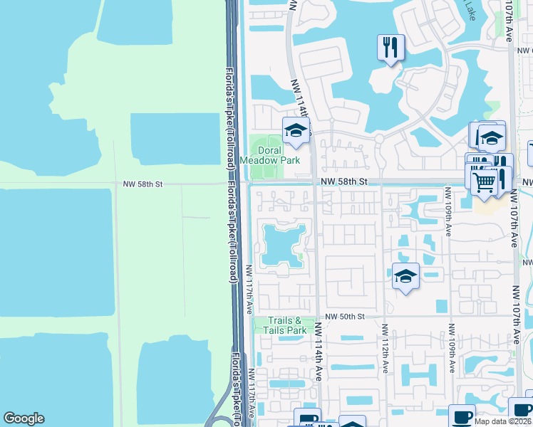 map of restaurants, bars, coffee shops, grocery stores, and more near 5572 Northwest 114th Avenue in Doral