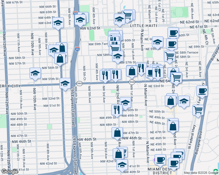 map of restaurants, bars, coffee shops, grocery stores, and more near 232 Northwest 53rd Street in Miami