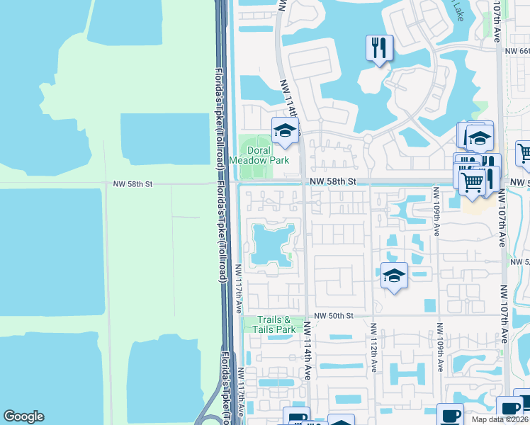 map of restaurants, bars, coffee shops, grocery stores, and more near 5640 Northwest 115th Court in Doral