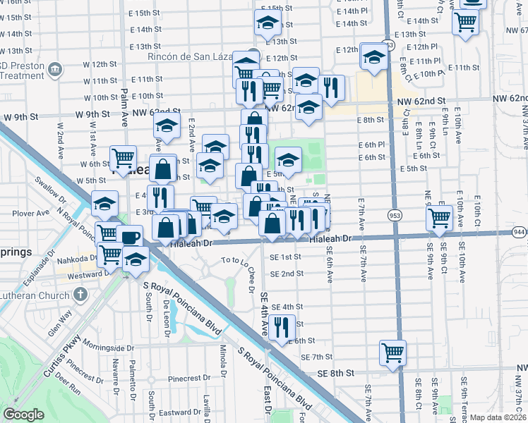 map of restaurants, bars, coffee shops, grocery stores, and more near 435 Hialeah Drive in Hialeah