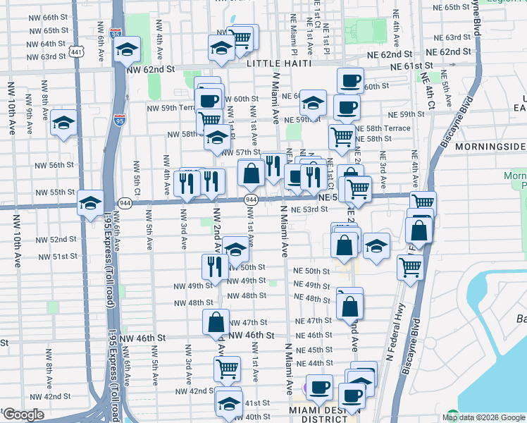 map of restaurants, bars, coffee shops, grocery stores, and more near 76 Northwest 53rd Street in Miami